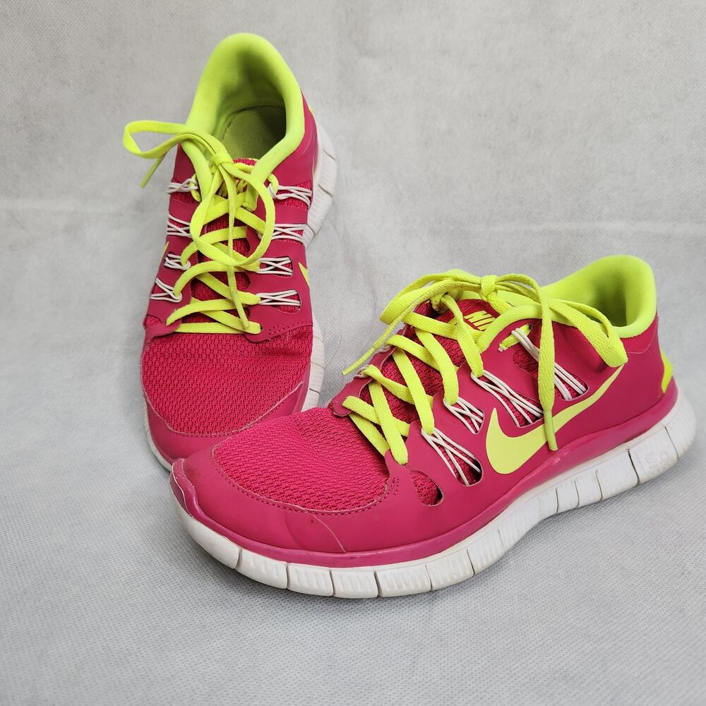 Nike Womens Free 5.0 Bright Pink Yellow Synthetic Lace Up Running Shoes Size 8